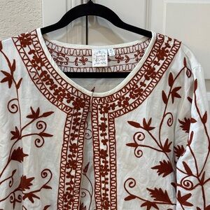 Parsley & Sage White Top with Rust Floral Embroidery